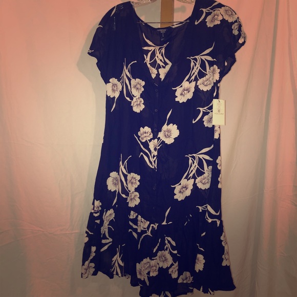 Volcom Button Print Floral Pattern Navy Dress - Picture 2 of 8